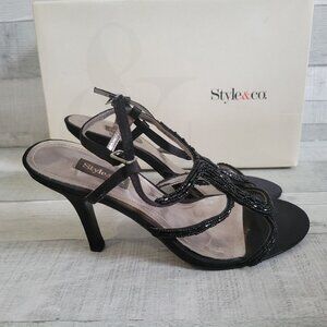 Style & Co Womens Black Beaded High Heel Sandals 6.5M Leather Manmade